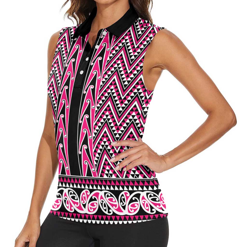 New Zealand Maori Niho Taniwha Women Sleeveless Polo Shirt Mawhero Mangopare and Puhoro Pattern