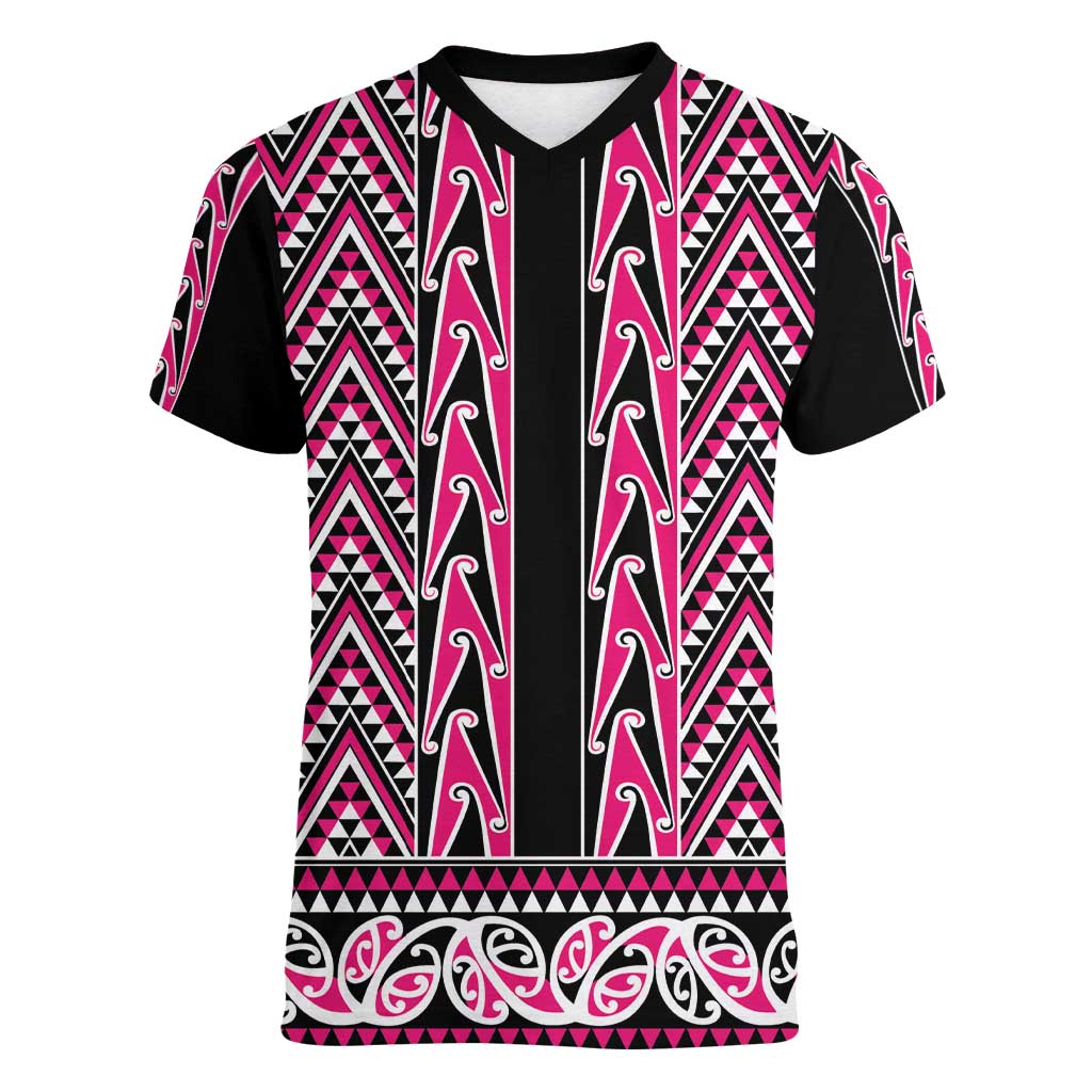 New Zealand Maori Niho Taniwha Women V-Neck T-Shirt Mawhero Mangopare and Puhoro Pattern
