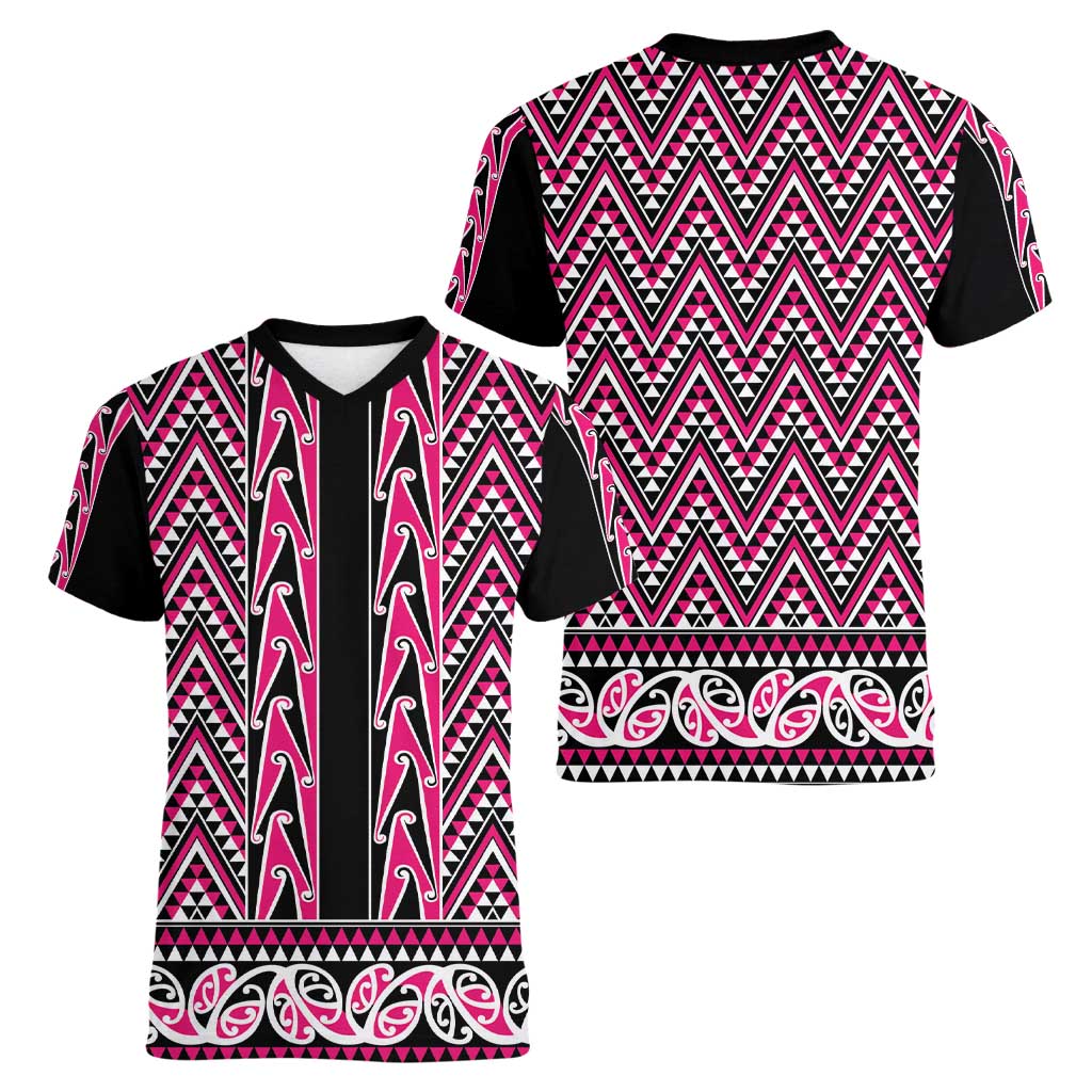 New Zealand Maori Niho Taniwha Women V-Neck T-Shirt Mawhero Mangopare and Puhoro Pattern