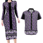 New Zealand Maori Niho Taniwha Couples Matching Long Sleeve Bodycon Dress and Hawaiian Shirt Waiporopo Mangopare and Puhoro Pattern