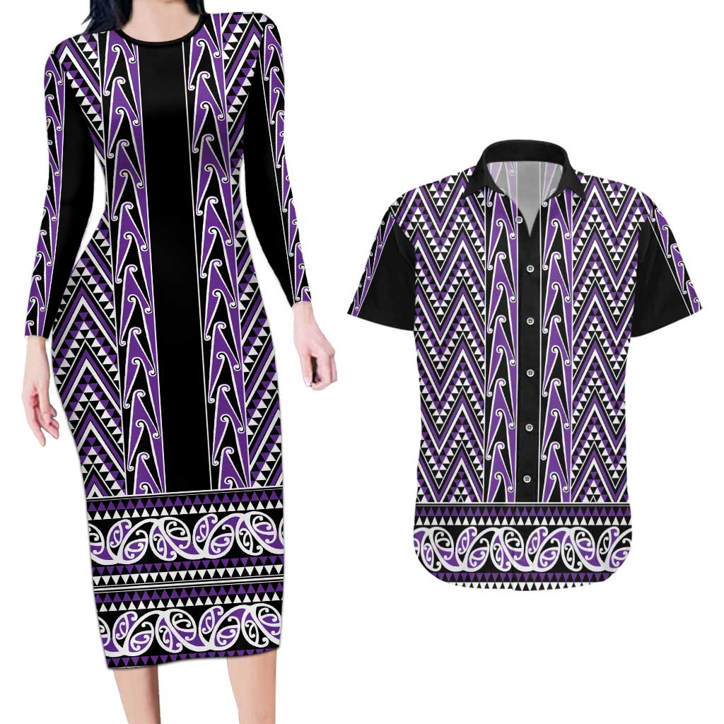 New Zealand Maori Niho Taniwha Couples Matching Long Sleeve Bodycon Dress and Hawaiian Shirt Waiporopo Mangopare and Puhoro Pattern