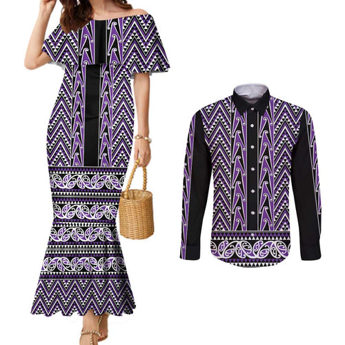 New Zealand Maori Niho Taniwha Couples Matching Mermaid Dress and Long Sleeve Button Shirt Waiporopo Mangopare and Puhoro Pattern