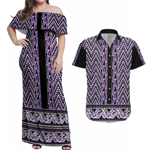 New Zealand Maori Niho Taniwha Couples Matching Off Shoulder Maxi Dress and Hawaiian Shirt Waiporopo Mangopare and Puhoro Pattern