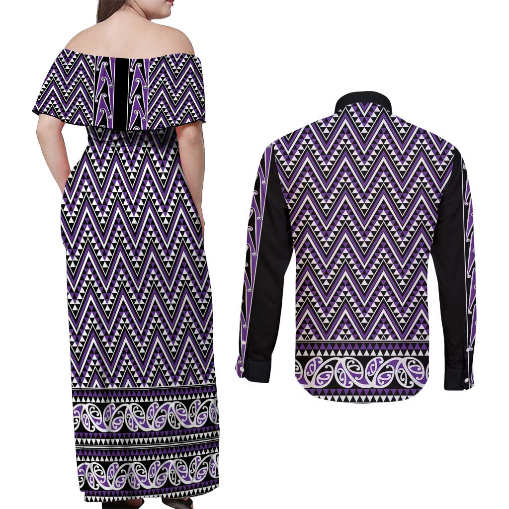 New Zealand Maori Niho Taniwha Couples Matching Off Shoulder Maxi Dress and Long Sleeve Button Shirt Waiporopo Mangopare and Puhoro Pattern