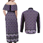 New Zealand Maori Niho Taniwha Couples Matching Off Shoulder Maxi Dress and Long Sleeve Button Shirt Waiporopo Mangopare and Puhoro Pattern