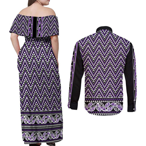 New Zealand Maori Niho Taniwha Couples Matching Off Shoulder Maxi Dress and Long Sleeve Button Shirt Waiporopo Mangopare and Puhoro Pattern