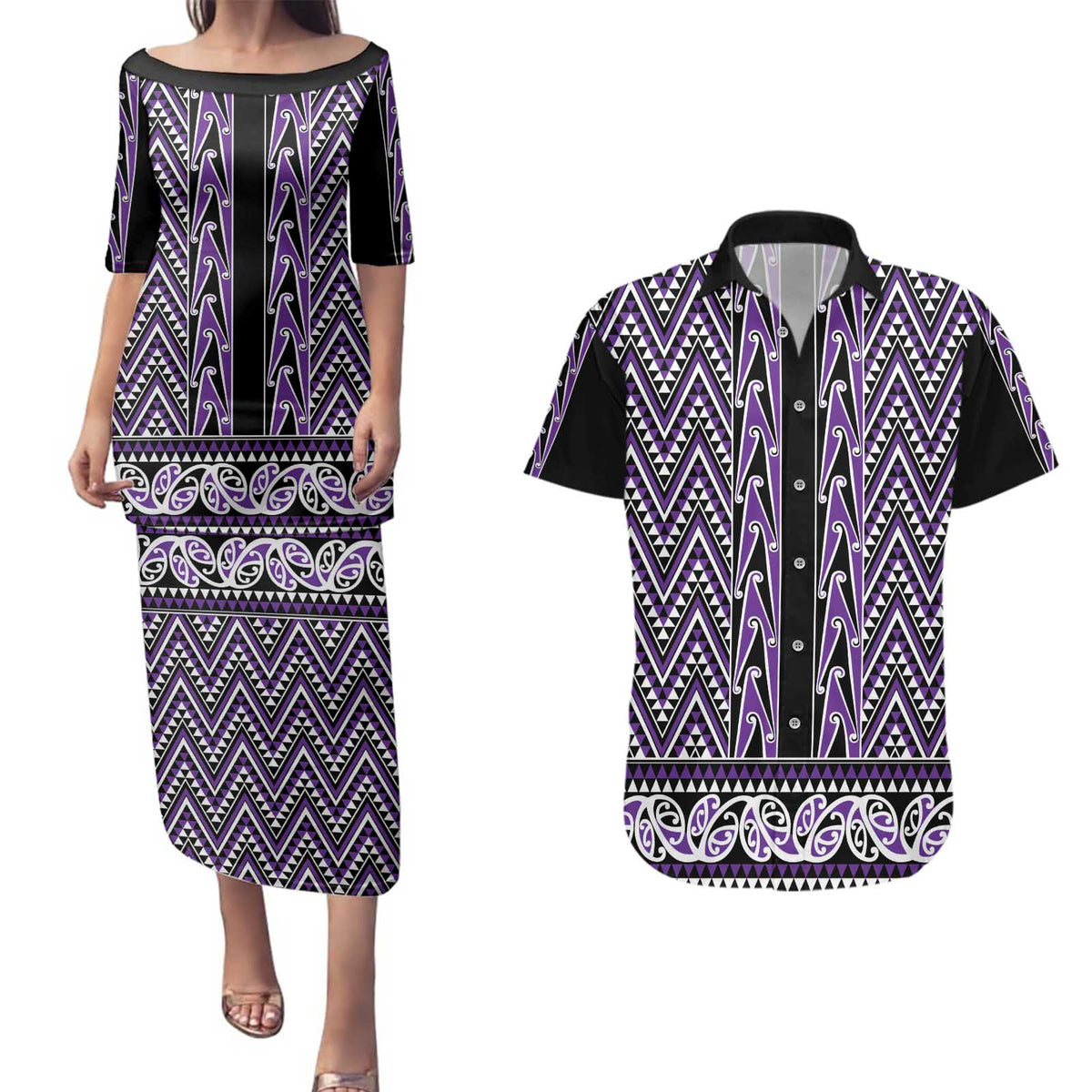 New Zealand Maori Niho Taniwha Couples Matching Puletasi and Hawaiian Shirt Waiporopo Mangopare and Puhoro Pattern