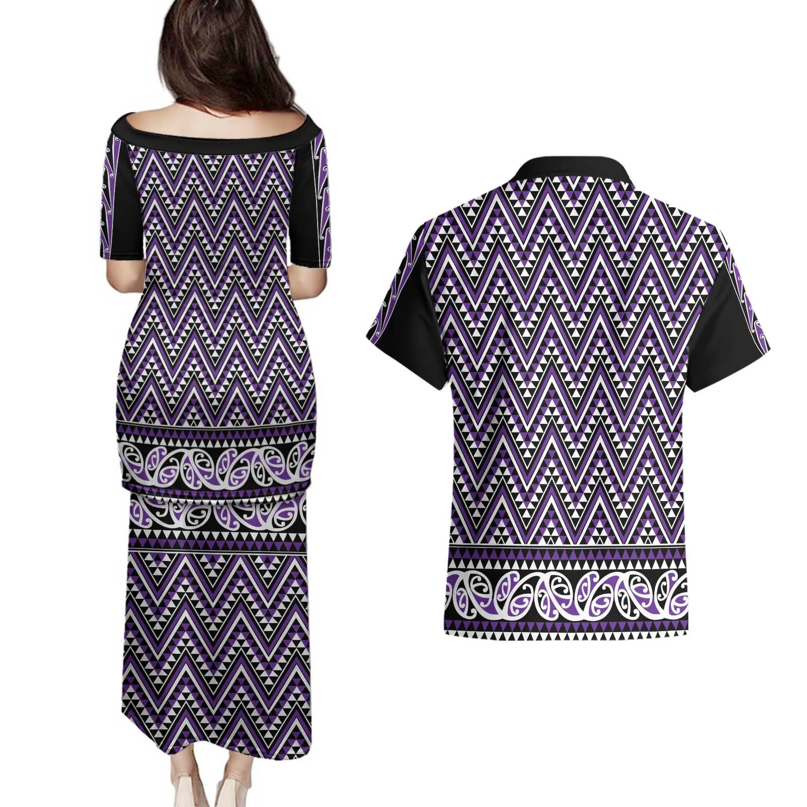 New Zealand Maori Niho Taniwha Couples Matching Puletasi and Hawaiian Shirt Waiporopo Mangopare and Puhoro Pattern