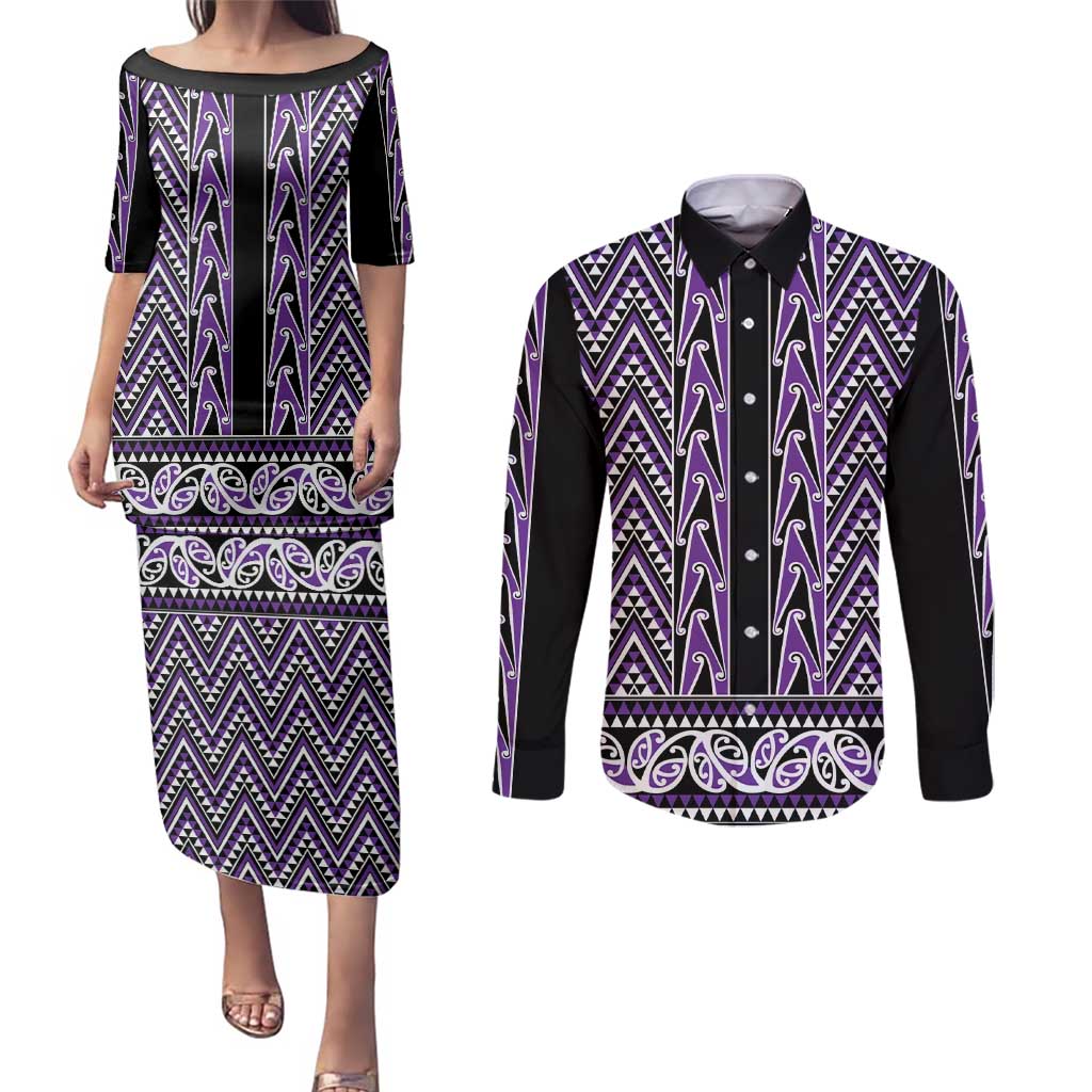New Zealand Maori Niho Taniwha Couples Matching Puletasi and Long Sleeve Button Shirt Waiporopo Mangopare and Puhoro Pattern