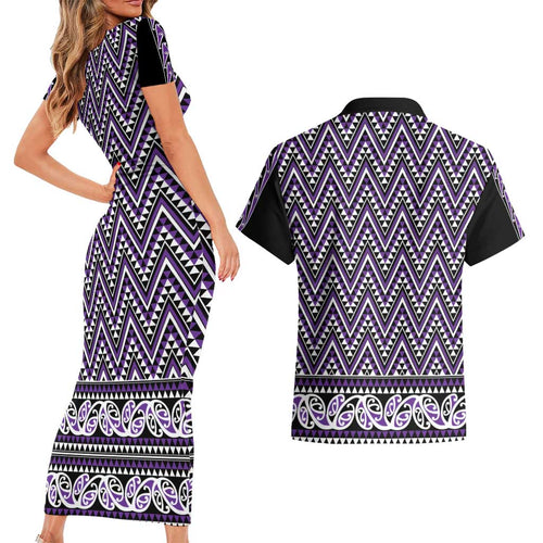 New Zealand Maori Niho Taniwha Couples Matching Short Sleeve Bodycon Dress and Hawaiian Shirt Waiporopo Mangopare and Puhoro Pattern