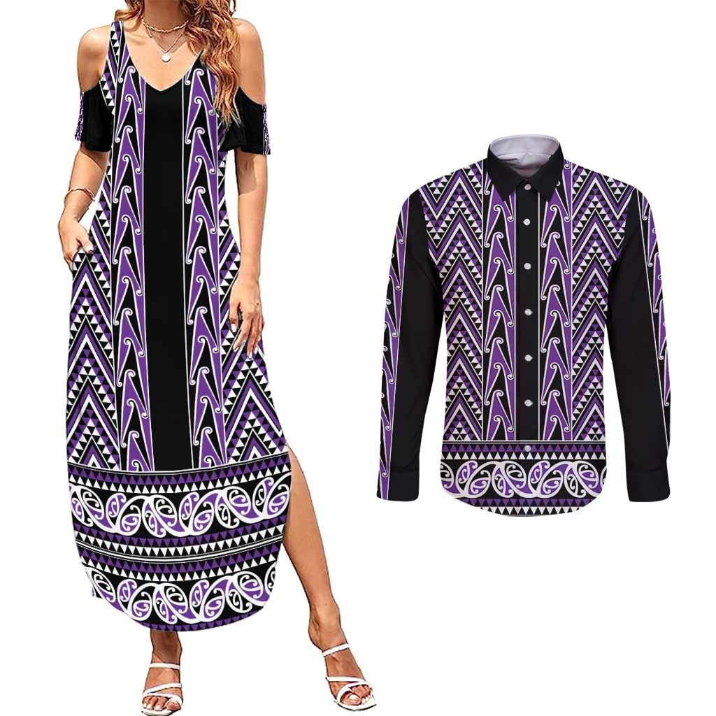 New Zealand Maori Niho Taniwha Couples Matching Summer Maxi Dress and Long Sleeve Button Shirt Waiporopo Mangopare and Puhoro Pattern