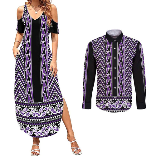 New Zealand Maori Niho Taniwha Couples Matching Summer Maxi Dress and Long Sleeve Button Shirt Waiporopo Mangopare and Puhoro Pattern