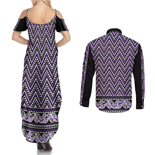 New Zealand Maori Niho Taniwha Couples Matching Summer Maxi Dress and Long Sleeve Button Shirt Waiporopo Mangopare and Puhoro Pattern