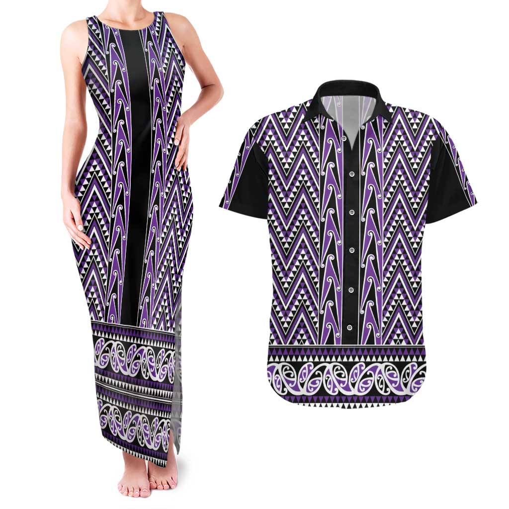 New Zealand Maori Niho Taniwha Couples Matching Tank Maxi Dress and Hawaiian Shirt Waiporopo Mangopare and Puhoro Pattern