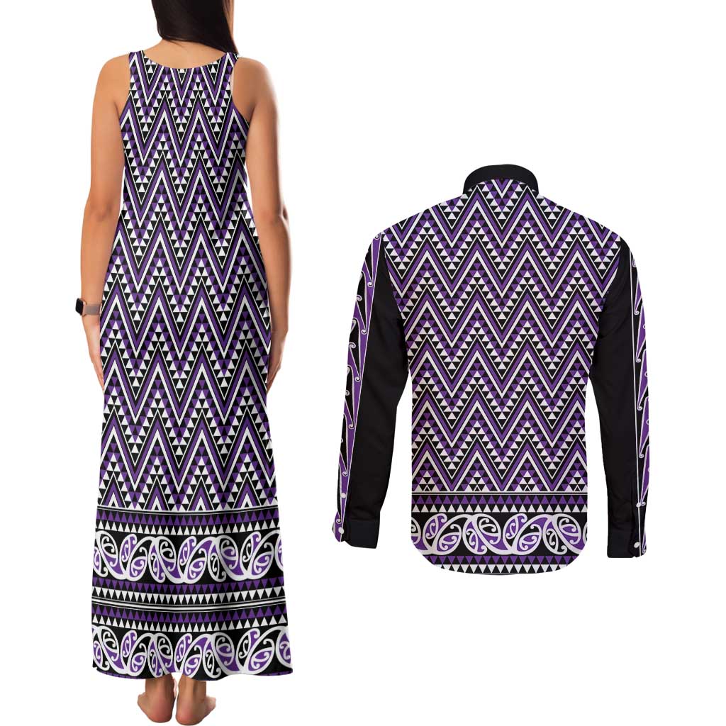 New Zealand Maori Niho Taniwha Couples Matching Tank Maxi Dress and Long Sleeve Button Shirt Waiporopo Mangopare and Puhoro Pattern