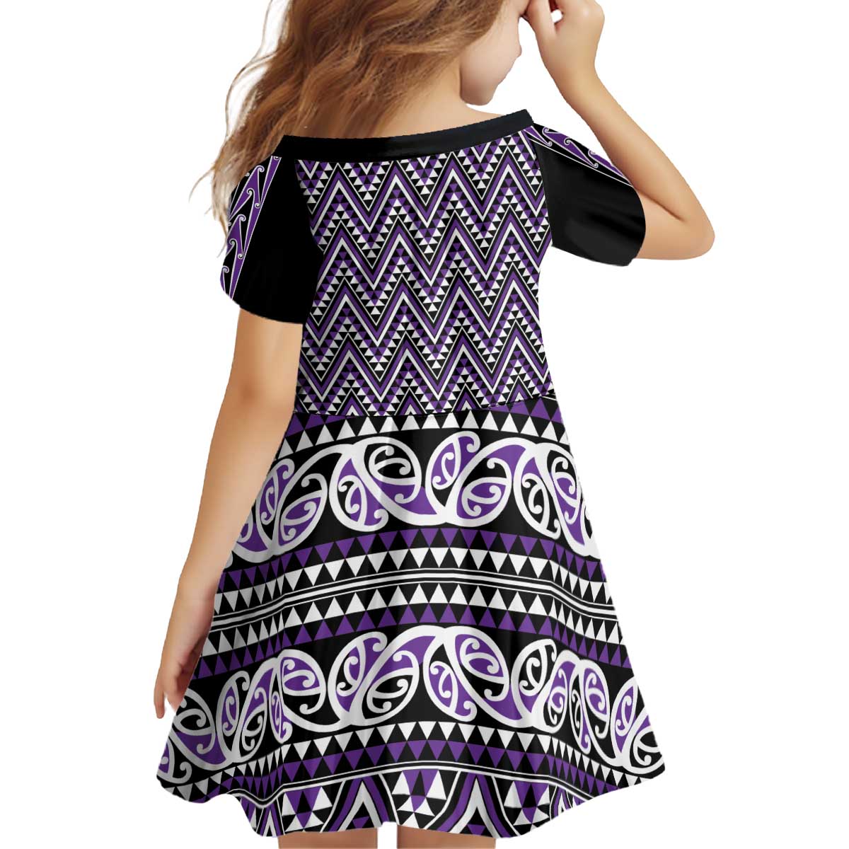 New Zealand Maori Niho Taniwha Kid Short Sleeve Dress Waiporopo Mangopare and Puhoro Pattern