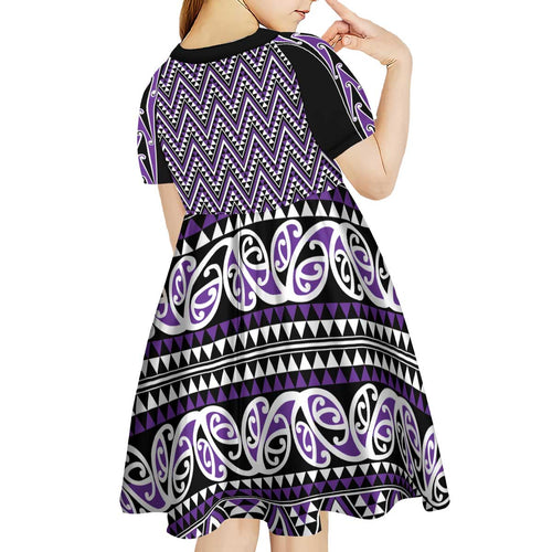 New Zealand Maori Niho Taniwha Kid Short Sleeve Dress Waiporopo Mangopare and Puhoro Pattern