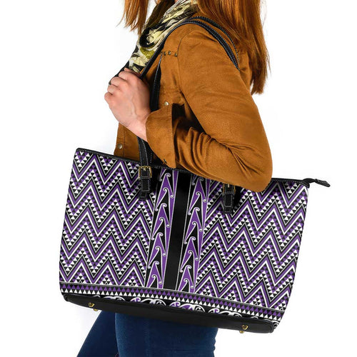 New Zealand Maori Niho Taniwha Leather Tote Bag Waiporopo Mangopare and Puhoro Pattern