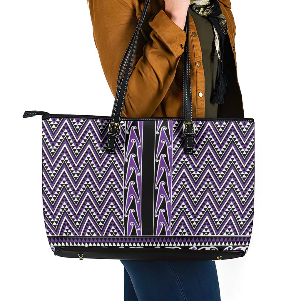 New Zealand Maori Niho Taniwha Leather Tote Bag Waiporopo Mangopare and Puhoro Pattern