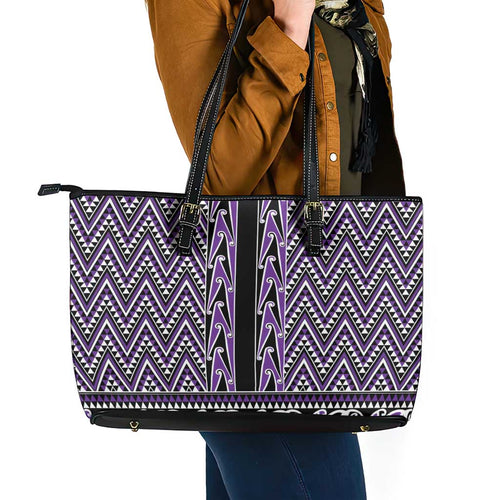 New Zealand Maori Niho Taniwha Leather Tote Bag Waiporopo Mangopare and Puhoro Pattern
