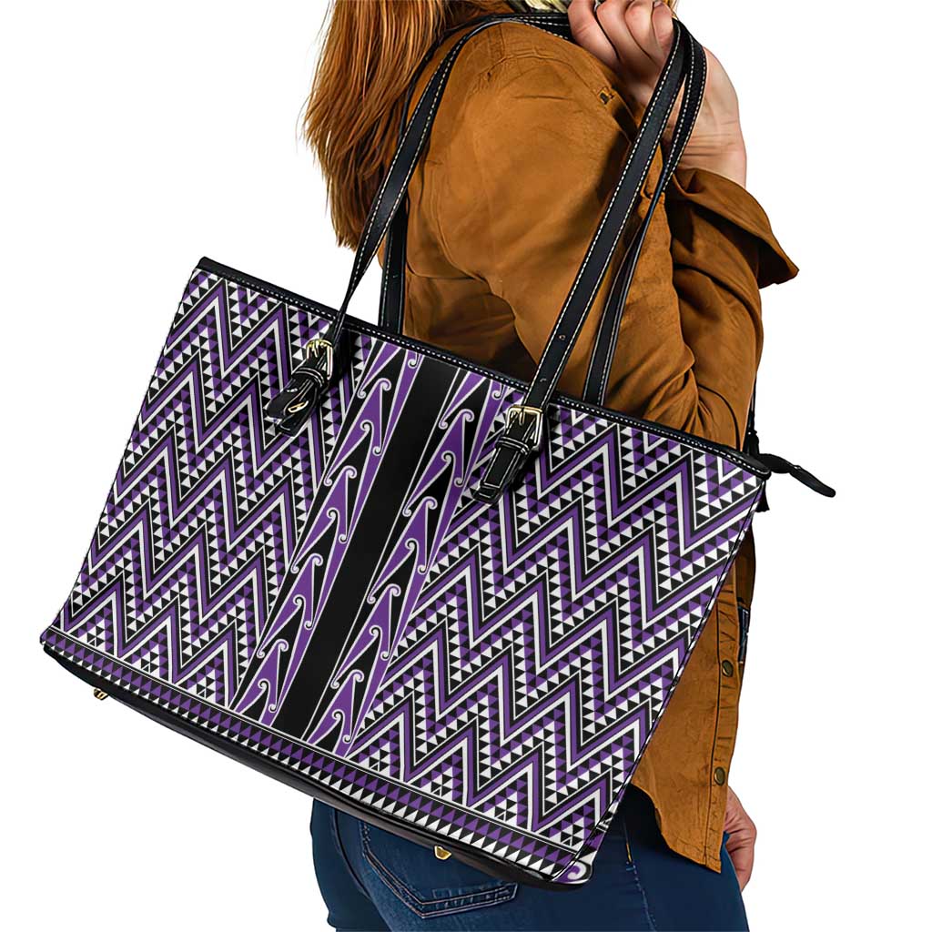 New Zealand Maori Niho Taniwha Leather Tote Bag Waiporopo Mangopare and Puhoro Pattern
