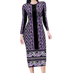 New Zealand Maori Niho Taniwha Long Sleeve Bodycon Dress Waiporopo Mangopare and Puhoro Pattern