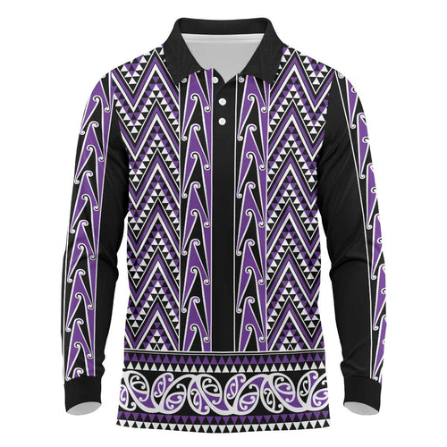 New Zealand Maori Niho Taniwha Long Sleeve Polo Shirt Waiporopo Mangopare and Puhoro Pattern