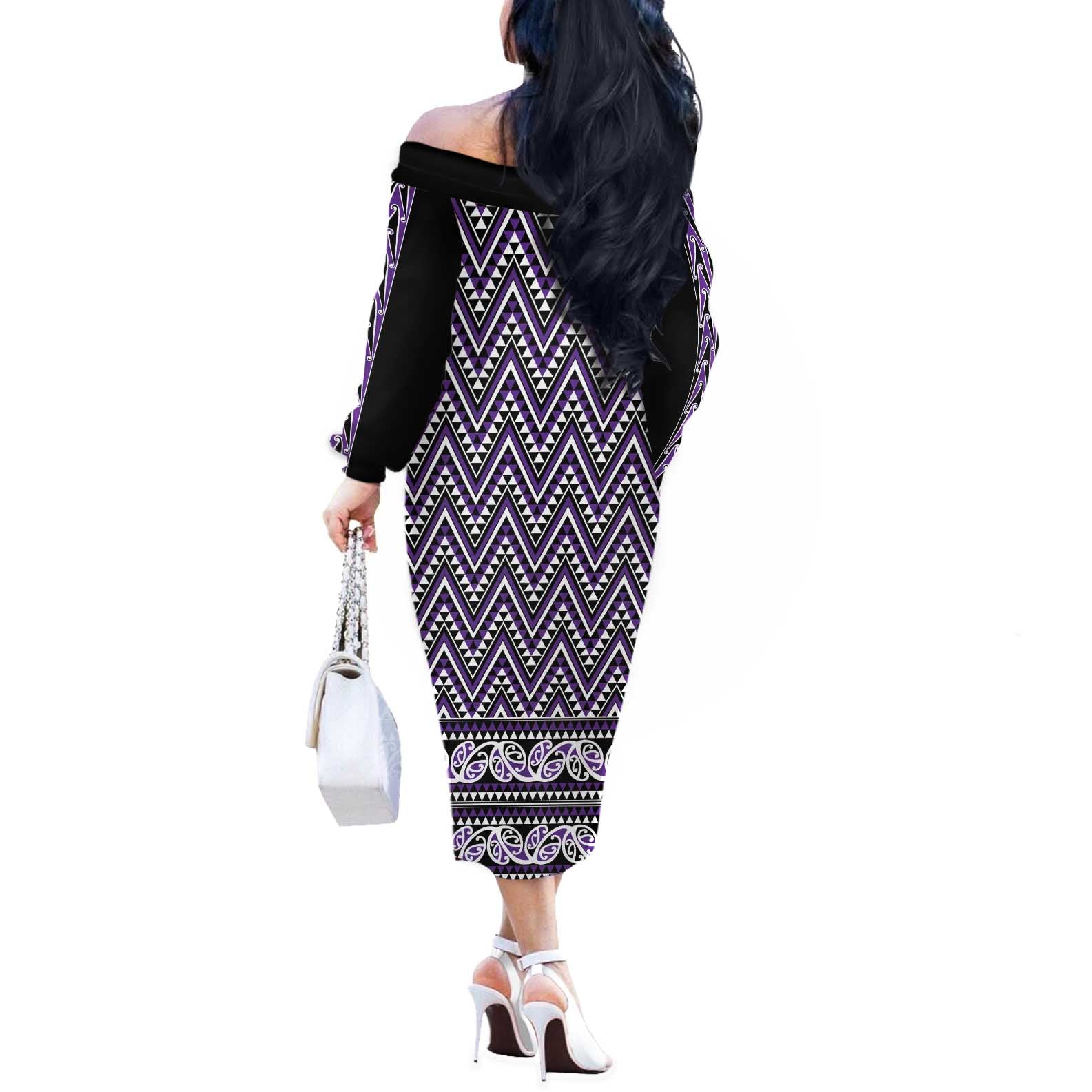 New Zealand Maori Niho Taniwha Off The Shoulder Long Sleeve Dress Waiporopo Mangopare and Puhoro Pattern