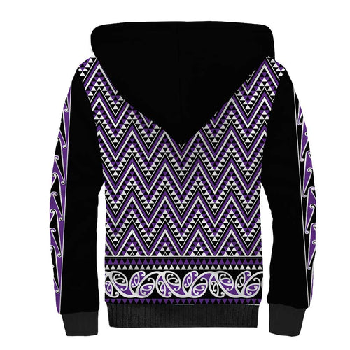 New Zealand Maori Niho Taniwha Sherpa Hoodie Waiporopo Mangopare and Puhoro Pattern