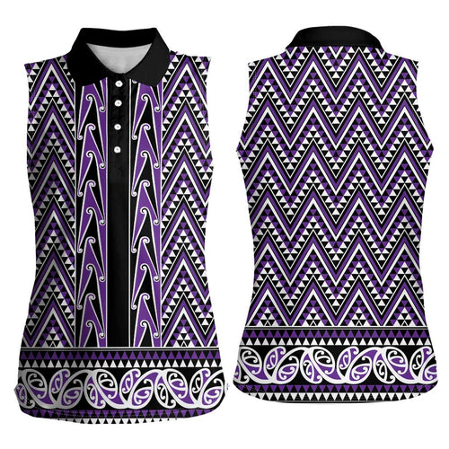 New Zealand Maori Niho Taniwha Women Sleeveless Polo Shirt Waiporopo Mangopare and Puhoro Pattern