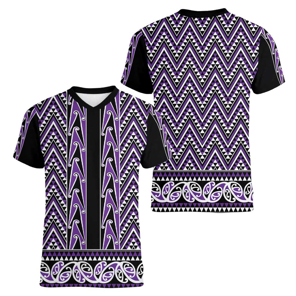 New Zealand Maori Niho Taniwha Women V-Neck T-Shirt Waiporopo Mangopare and Puhoro Pattern