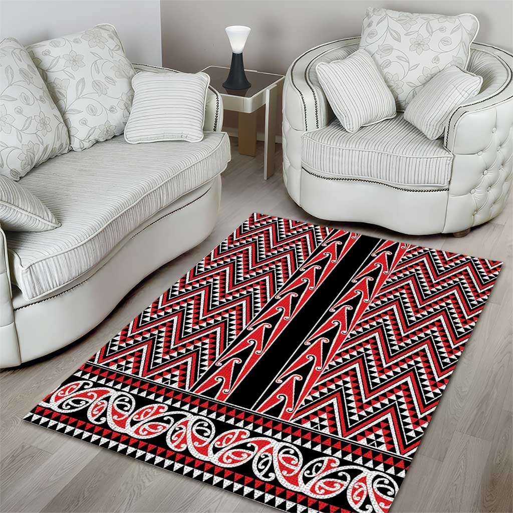 New Zealand Maori Niho Taniwha Area Rug Whero Mangopare and Puhoro Pattern