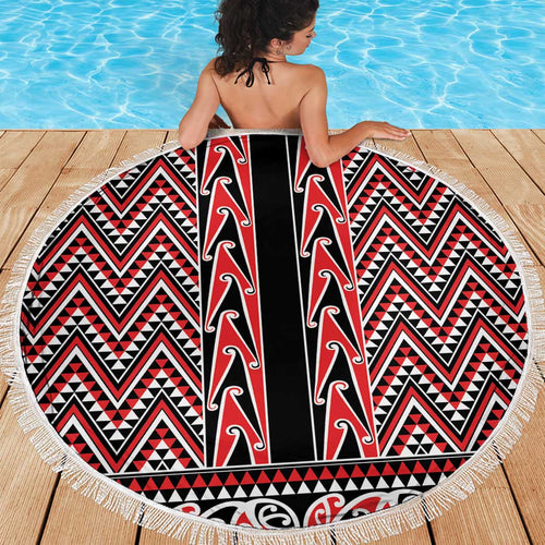 New Zealand Maori Niho Taniwha Beach Blanket Whero Mangopare and Puhoro Pattern