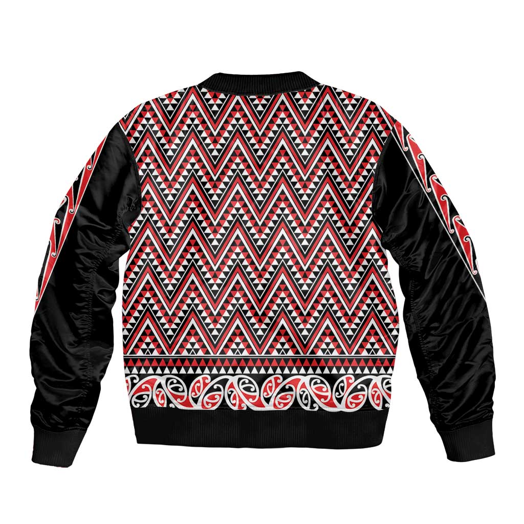 New Zealand Maori Niho Taniwha Bomber Jacket Whero Mangopare and Puhoro Pattern