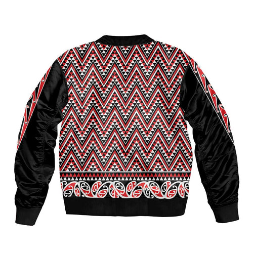 New Zealand Maori Niho Taniwha Bomber Jacket Whero Mangopare and Puhoro Pattern