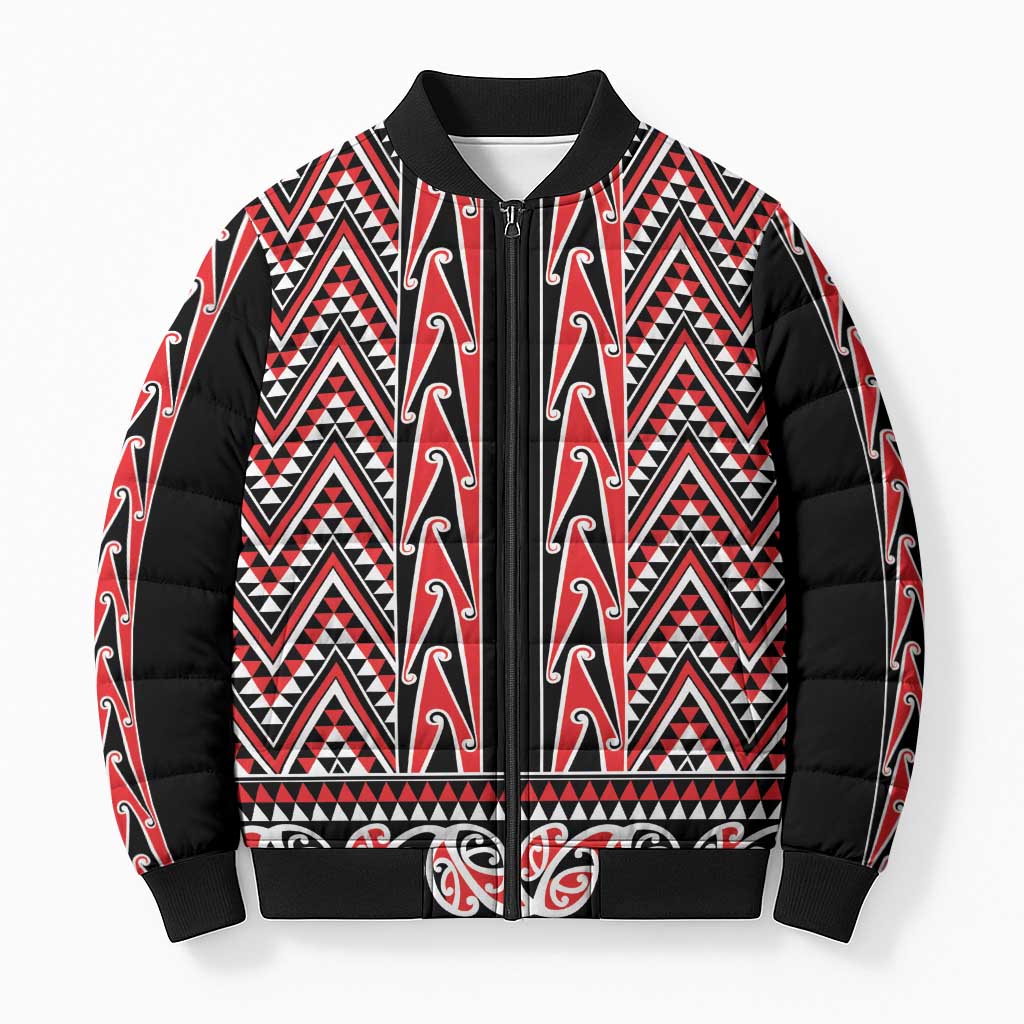 New Zealand Maori Niho Taniwha Bomber Puffer Jacket Whero Mangopare and Puhoro Pattern - Aussie Hoodie