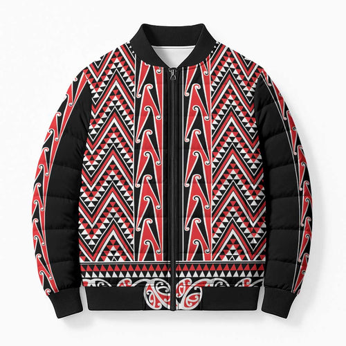 New Zealand Maori Niho Taniwha Bomber Puffer Jacket Whero Mangopare and Puhoro Pattern - Aussie Hoodie