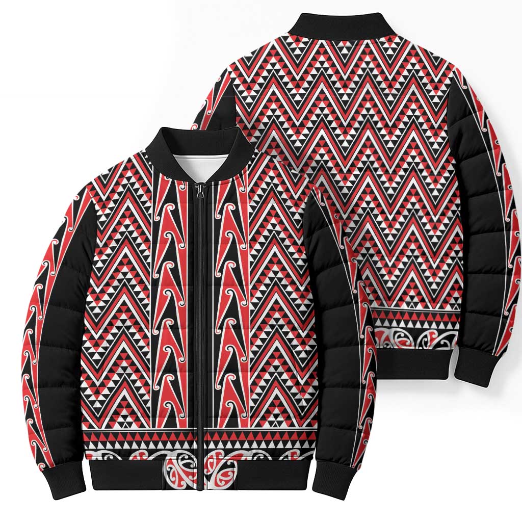 New Zealand Maori Niho Taniwha Bomber Puffer Jacket Whero Mangopare and Puhoro Pattern - Aussie Hoodie