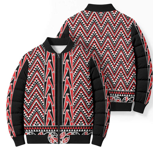 New Zealand Maori Niho Taniwha Bomber Puffer Jacket Whero Mangopare and Puhoro Pattern - Aussie Hoodie