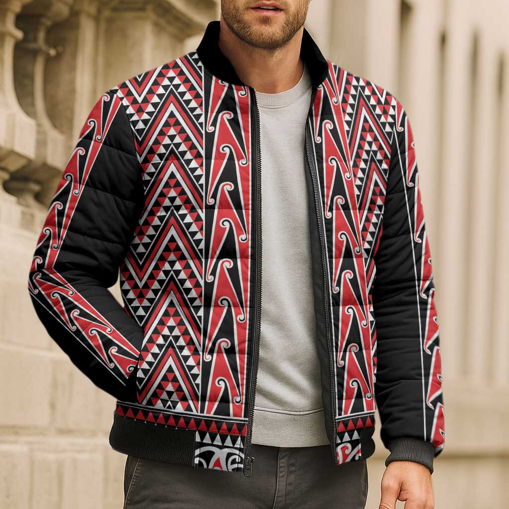 New Zealand Maori Niho Taniwha Bomber Puffer Jacket Whero Mangopare and Puhoro Pattern - Aussie Hoodie