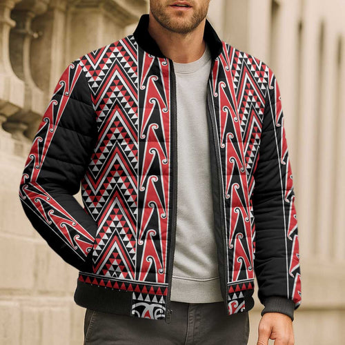 New Zealand Maori Niho Taniwha Bomber Puffer Jacket Whero Mangopare and Puhoro Pattern - Aussie Hoodie