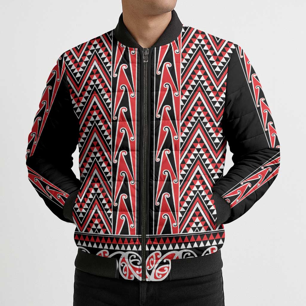 New Zealand Maori Niho Taniwha Bomber Puffer Jacket Whero Mangopare and Puhoro Pattern - Aussie Hoodie