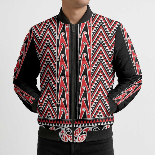 New Zealand Maori Niho Taniwha Bomber Puffer Jacket Whero Mangopare and Puhoro Pattern - Aussie Hoodie
