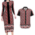 New Zealand Maori Niho Taniwha Couples Matching Long Sleeve Bodycon Dress and Hawaiian Shirt Whero Mangopare and Puhoro Pattern