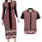 New Zealand Maori Niho Taniwha Couples Matching Long Sleeve Bodycon Dress and Hawaiian Shirt Whero Mangopare and Puhoro Pattern