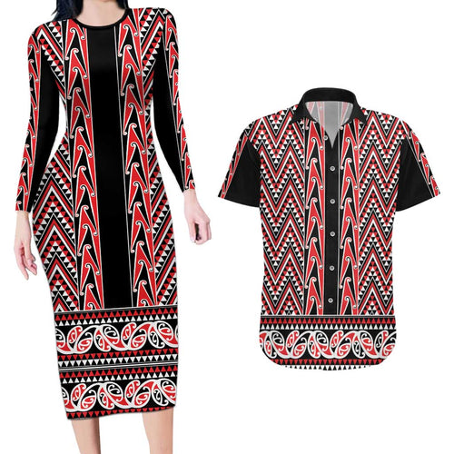New Zealand Maori Niho Taniwha Couples Matching Long Sleeve Bodycon Dress and Hawaiian Shirt Whero Mangopare and Puhoro Pattern