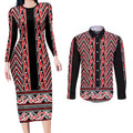 New Zealand Maori Niho Taniwha Couples Matching Long Sleeve Bodycon Dress and Long Sleeve Button Shirt Whero Mangopare and Puhoro Pattern