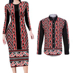 New Zealand Maori Niho Taniwha Couples Matching Long Sleeve Bodycon Dress and Long Sleeve Button Shirt Whero Mangopare and Puhoro Pattern