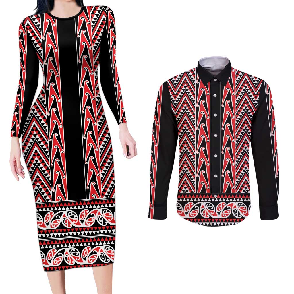 New Zealand Maori Niho Taniwha Couples Matching Long Sleeve Bodycon Dress and Long Sleeve Button Shirt Whero Mangopare and Puhoro Pattern