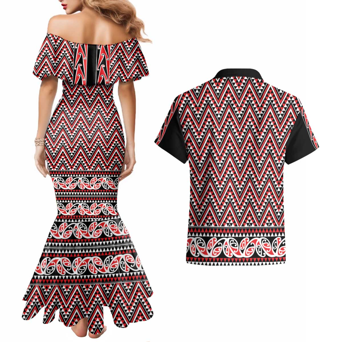 New Zealand Maori Niho Taniwha Couples Matching Mermaid Dress and Hawaiian Shirt Whero Mangopare and Puhoro Pattern